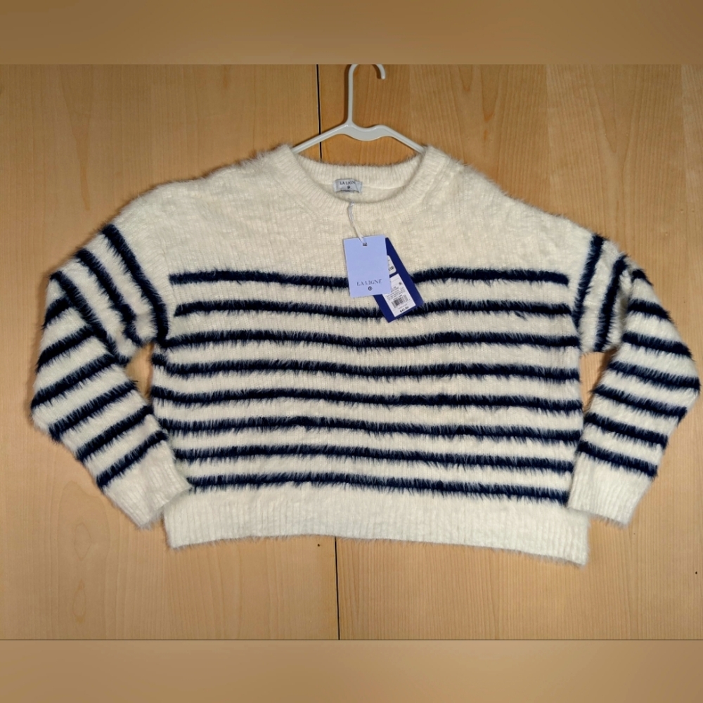 La Ligne XL White Striped Soft Fuzzy Crop Sweater